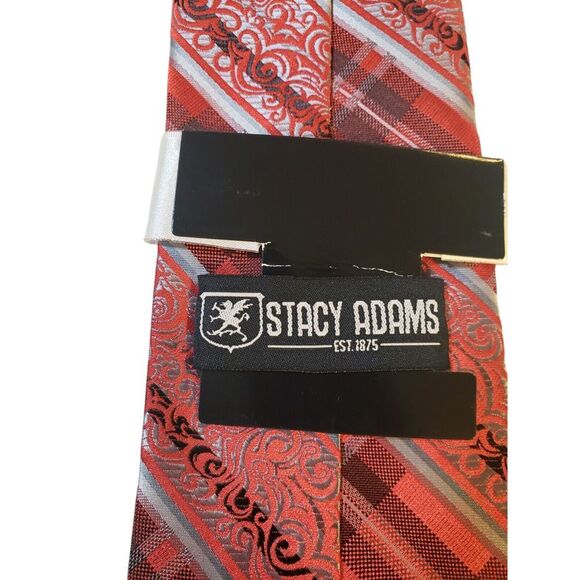 NWT Stacy Adams Mens Tie Necktie Designer Luxury Red Silver Striped Plaid - Picture 6 of 13